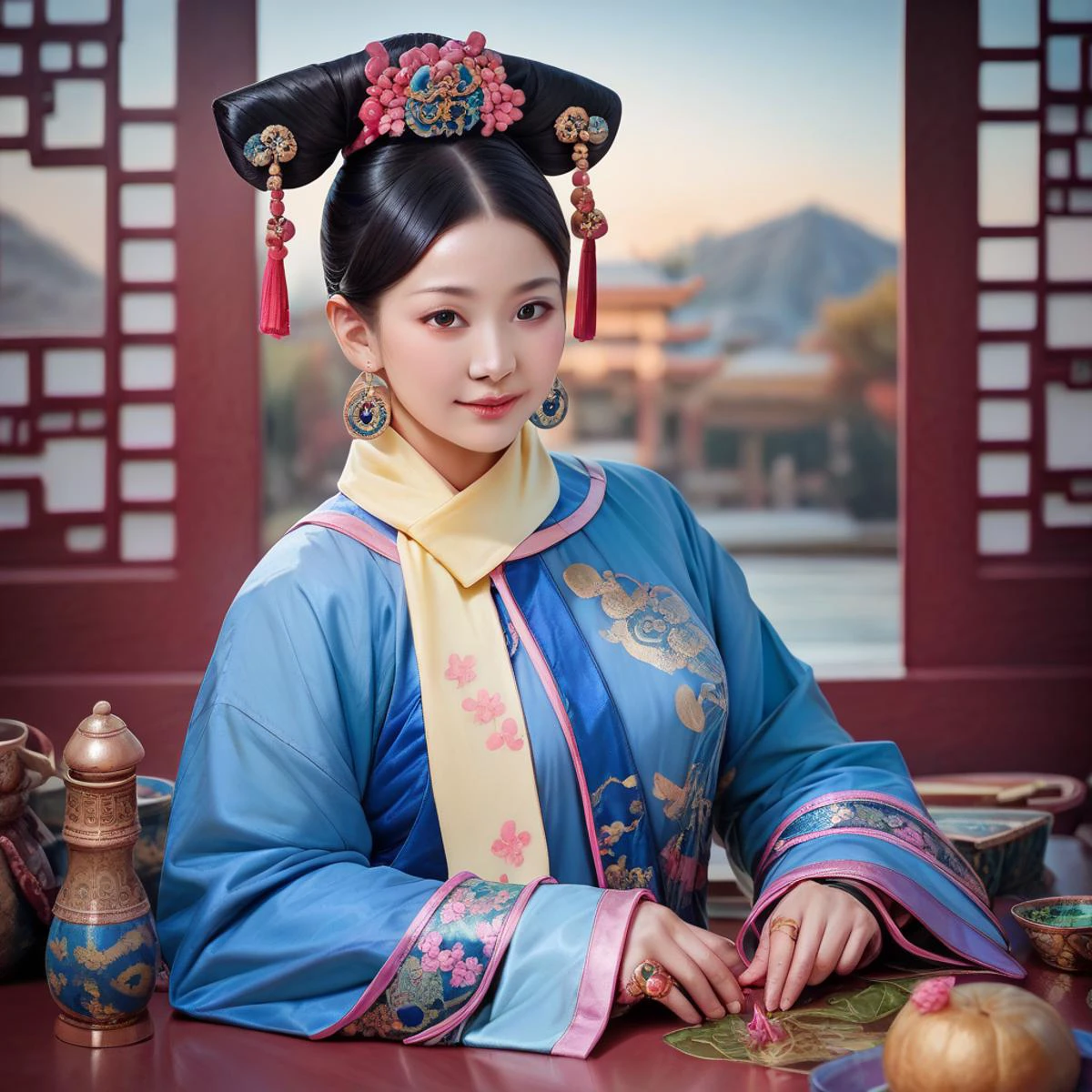 score_9,score_8_up,score_7_up,1girl,solo,looking at viewer,full body,<lora:lemon0008-Dark Magician Girl_pony_v1:0.7>,lemon0008,<lora:Pony QingChaov1 CF qingchao, a woman in a traditional chinese dress poses for a picture , woman wearing a qingchao_dress, qingchao_haircut, qingchao_scarf:0.7>,qingchao,qingchao_scarf,girl wearing a qingchao dress,beautiful face,nice face,