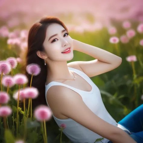 (Canon RF85mm f/1.2,best quality,HDR,Realisticity:1.4,(realistic light and shadow):1.5,Cinematic Lighting),(1 girl,standing,korean mixed,kpop idol:1.2,beautiful long_Slender_legs),(long_brown_wavy_hair),(lipstick,pink lips,pink_shiny_lips,pink_eyeshadow,eyelashes,powder_blusher,make-up),(white_shiny_skin,black eyes,Pore,skin texture,shiny),(necklace,earrings,bracelet,floral_tattoo on arm),big breasts,smile,dynamic angle,Dynamic pose,((sunny,Blue sky and white clouds,dandelions scattered throughout the mountains and fields,A peaceful meadow with dandelions and colorful wildflowers)),((Training tanktop and running short tights)),