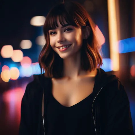 beautiful girl,smile,brown hazel eyes,Full Bangs,dark makeup,soft light,head and shoulders portrait,cover,portrait,sidelighting,neon lighting,neon halo,cinematic angle,masterpiece,best quality,full body,