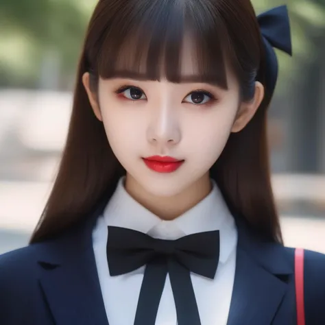full bangs, straight hair ,bowtie,school uniform, portrait,outdoors,city,red lipstick,eyeliner,eye shadow,blush,best quality,masterpiece,extreme details,high resolution,detailed eyes,beautiful eyes,detailed face,beautiful face,photo of the most beautiful artwork in the world,professional majestic,8k uhd,dslr,soft lighting,high quality,film grain,High Detail,Sharp focus,dramatic,
