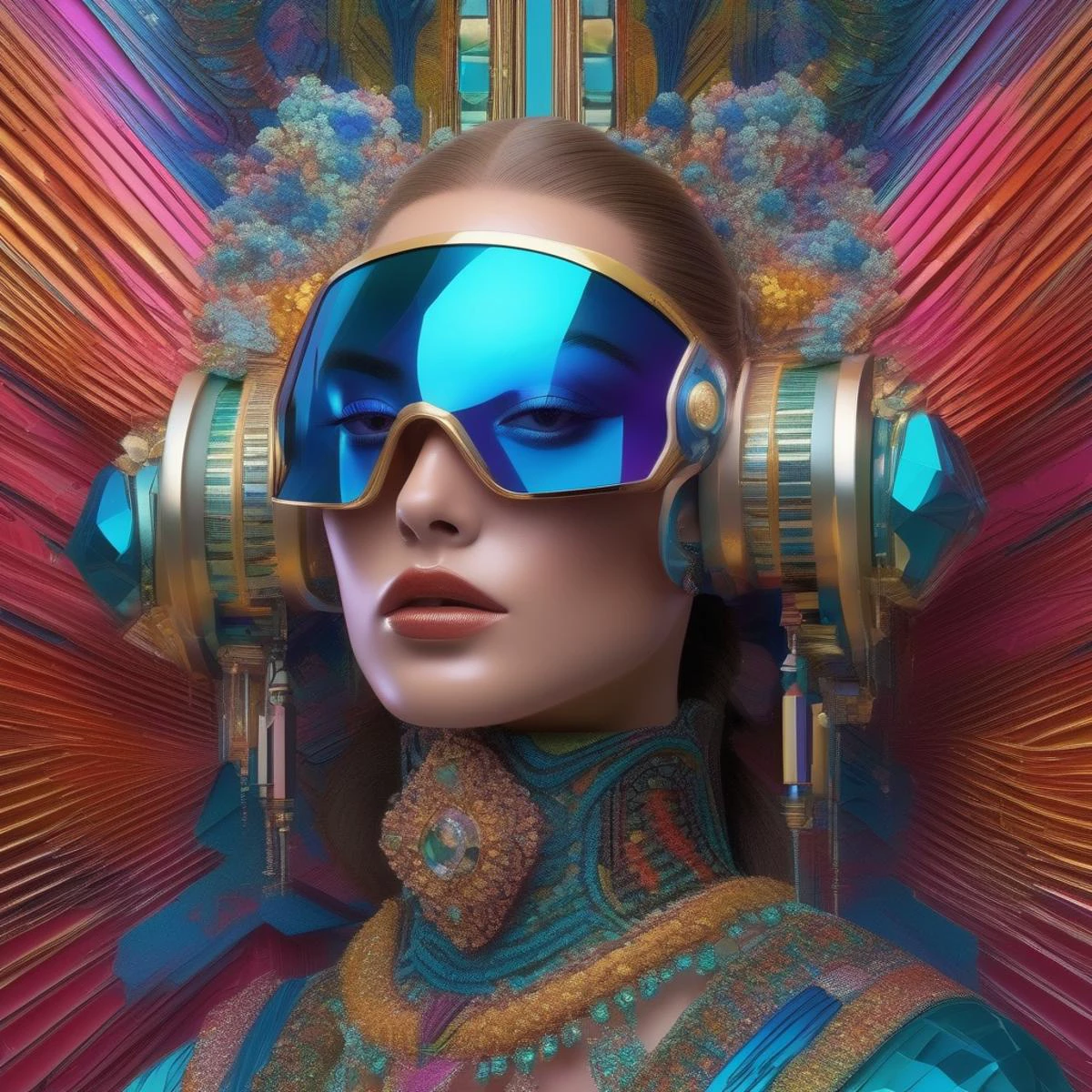 nanoelectronics superconductors, post cyberpunk bionic eye, microDNA fashion, GUCCI design, highly detailed, art by Frida, art deco surrealism; wide wax brush + isometric fractal airpen, multicolor inks + rich colors