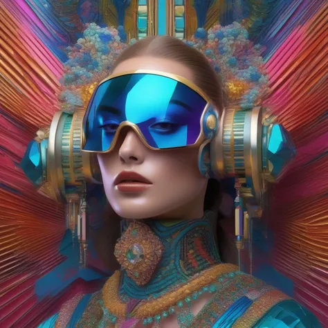 nanoelectronics superconductors, post cyberpunk bionic eye, microDNA fashion, GUCCI design, highly detailed, art by Frida, art deco surrealism; wide wax brush + isometric fractal airpen, multicolor inks + rich colors