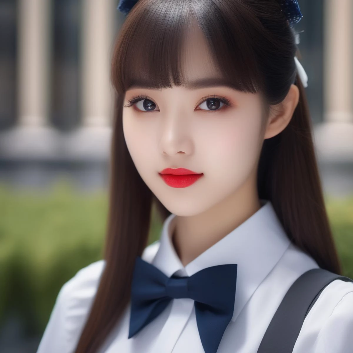full bangs, straight hair ,bowtie,school uniform, portrait,outdoors,city,red lipstick,eyeliner,eye shadow,blush,best quality,masterpiece,extreme details,high resolution,detailed eyes,beautiful eyes,detailed face,beautiful face,photo of the most beautiful artwork in the world,professional majestic,8k uhd,dslr,soft lighting,high quality,film grain,High Detail,Sharp focus,dramatic,