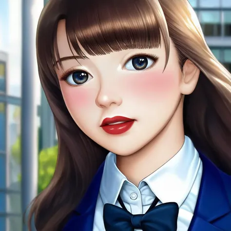 full bangs,straight hair,bowtie,school uniform,portrait,outdoors,city,red lipstick,eyeliner,eye shadow,blush,best quality,masterpiece,extreme details,high resolution,detailed eyes,beautiful eyes,detailed face,beautiful face,photo of the most beautiful artwork in the world,professional majestic,8k uhd,dslr,soft lighting,high quality,film grain,High Detail,Sharp focus,dramatic,full body,