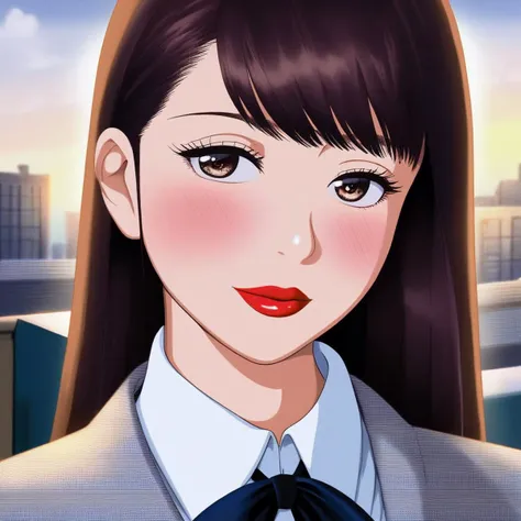 full bangs,straight hair,bowtie,school uniform,portrait,outdoors,city,red lipstick,eyeliner,eye shadow,blush,best quality,masterpiece,extreme details,high resolution,detailed eyes,beautiful eyes,detailed face,beautiful face,photo of the most beautiful artwork in the world,professional majestic,8k uhd,dslr,soft lighting,high quality,film grain,High Detail,Sharp focus,dramatic,full body,