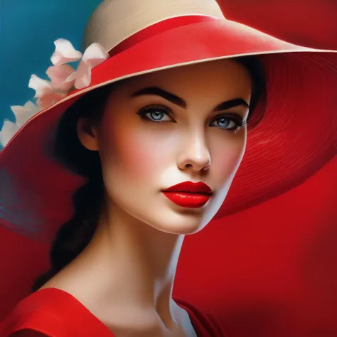 Half-length portrait of a woman clad in vibrant, sleeveless linen attire, lips tinted in intense red, eyes enriched with long lashes, captured in a pop art style, background whimsically blurred, executed with organic, naturally inspired lighting, detailed with hyper-realistic touches, in the signature style of Mandy Disher, high-quality masterpiece, ultra fine, digital painting.