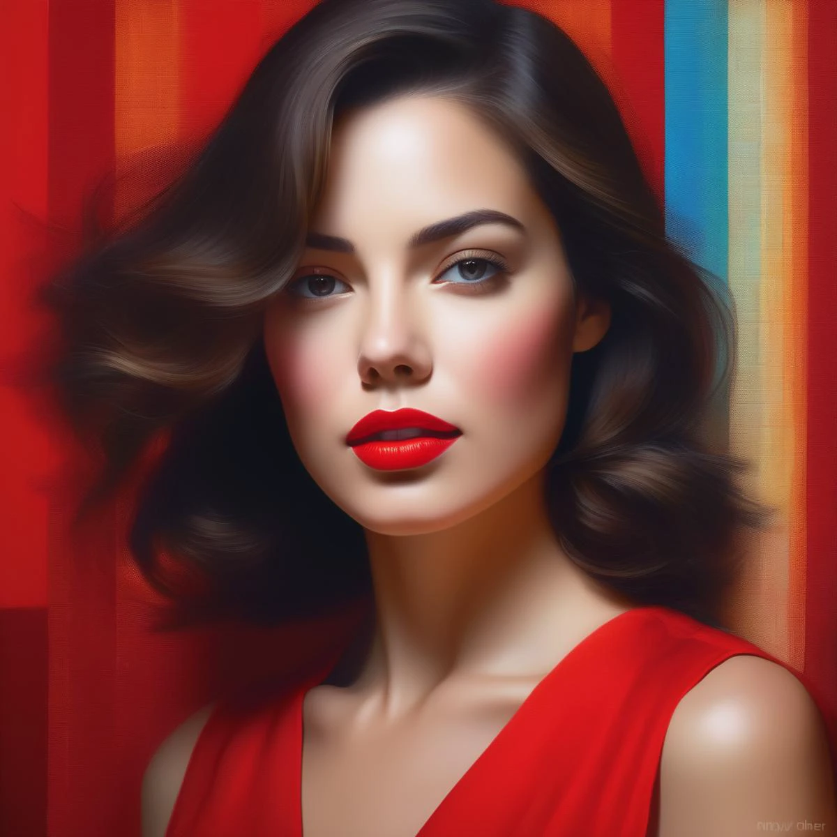 Half-length portrait of a woman clad in vibrant, sleeveless linen attire, lips tinted in intense red, eyes enriched with long lashes, captured in a pop art style, background whimsically blurred, executed with organic, naturally inspired lighting, detailed with hyper-realistic touches, in the signature style of Mandy Disher, high-quality masterpiece, ultra fine, digital painting.