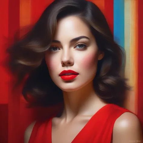 Half-length portrait of a woman clad in vibrant, sleeveless linen attire, lips tinted in intense red, eyes enriched with long lashes, captured in a pop art style, background whimsically blurred, executed with organic, naturally inspired lighting, detailed with hyper-realistic touches, in the signature style of Mandy Disher, high-quality masterpiece, ultra fine, digital painting.