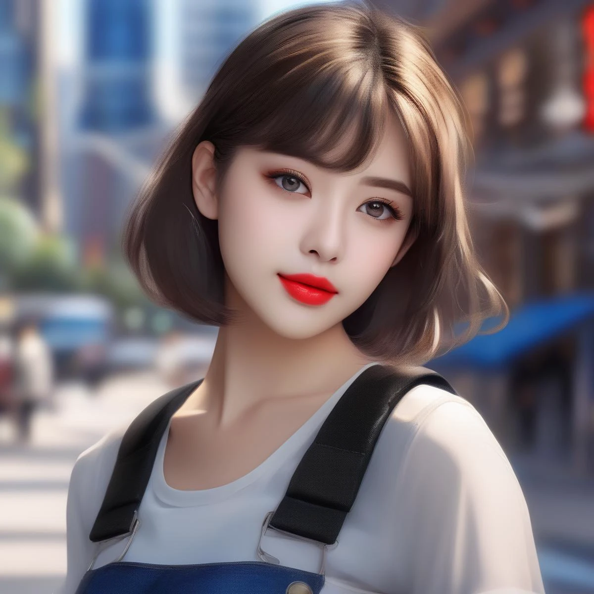short hair,tank_top,denim_shorts,short_shorts, shorts, denim, portrait,outdoors,city,red lipstick,eyeliner,eye shadow,blush,best quality,masterpiece,extreme details,high resolution,detailed eyes,beautiful eyes,detailed face,beautiful face,photo of the most beautiful artwork in the world,professional majestic,8k uhd,dslr,soft lighting,high quality,film grain,High Detail,Sharp focus,dramatic,