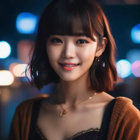 beautiful girl,smile,brown hazel eyes,Full Bangs,dark makeup,soft light,full body portrait,cover,portrait,sidelighting,neon lighting,neon halo,cinematic angle,masterpiece,best quality,full body,Asian,
extreme details,high resolution,detailed eyes,beautiful eyes,detailed face,beautiful face,photo of the most beautiful artwork in the world,professional majestic,8k uhd,dslr,soft lighting,high quality,film grain,High Detail,Sharp focus,