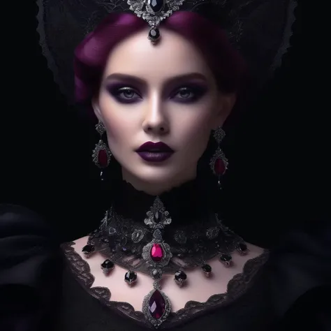 Gothic romance fashion portrait, goth woman adorned in black dress with black tulle and lace against a dark background, embellished with ruby and amethyst jewelry, macro photography, close-up, intricate details, sharp focus, studio setting, hyper-detailed, 3D, 8K, hyper-realism, trending on ArtStation, true to life, realistic, ultra-clear.
