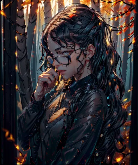 (photo of skinny petite 18yo girl:1.2), glasses, ((Charcoal) business casual outfit, (black wavy hair:1.4), 1girl, solo, (cumming:1.1) , (background in a Autumn Forest  with shining lights and a rainy day:1.3),  bokeh, RAW photo, high quality, 35mm photograph, film grain, bokeh, professional, 4k, highly detailed, prime lens, manual focus, polarizer filter, long exposure, color grading, depth of field, bracketing, manual settings, filters, composition rules, highly detailed cloth, perfect ligh filtering, high-resolution sensor, image stabilization, remote shutter release, lens quality, color depth, calibrated monitor, advanced post-processing, (film grain:1.2), (Bokeh effect:1.3). <lora:nsfw0.3.5:0.5> <lora:more_details:0.3> <lora:add_detail:0.7>