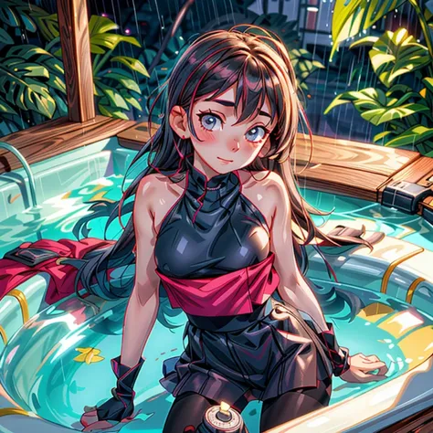 photo of 18yo girl, nsfw, (Ruby long sport outfit with pantyhose:1.2), perfect iris, long hair, 1girl, solo, (tilted position:1.1) , (background in a jacuzzi with coloful series of leds and a rainy day:1.3),  bokeh, RAW photo, high quality, 35mm photograph, film grain, bokeh, professional, 4k, highly detailed, prime lens, manual focus, polarizer filter, long exposure, color grading, depth of field, bracketing, manual settings, filters, composition rules, highly detailed cloth, perfect ligh filtering, high-resolution sensor, image stabilization, remote shutter release, lens quality, color depth, calibrated monitor, advanced post-processing, (film grain:1.1), (Bokeh effect), vivid colors.  <lora:nsfw0.3.5:0.5> <lora:more_details:0.75> <lora:add_detail:0.5> <lora:perfecteyes:0.2>