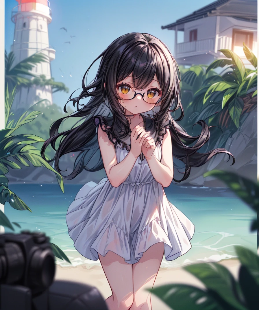 (photo of skinny wide hip 18yo girl:1.2), glasses, ((Fuchsia) fishnet long dress with lycra details, (black wavy hair:1.4), 1girl, solo, (jumping:1.1) , (background in a Majestic Lighthouse with beach balls and a little town:1.3), bokeh, RAW photo, high quality, 35mm photograph, film grain, bokeh, professional, 4k, highly detailed, prime lens, manual focus, polarizer filter, long exposure, color grading, depth of field, bracketing, manual settings, filters, composition rules, highly detailed cloth, perfect ligh filtering, high-resolution sensor, image stabilization, remote shutter release, lens quality, color depth, calibrated monitor, advanced post-processing, (film grain:1.2), (Bokeh effect:1). <lora:nsfw0.3.5:0.9> <lora:more_details:0.3> <lora:add_detail:0.3>