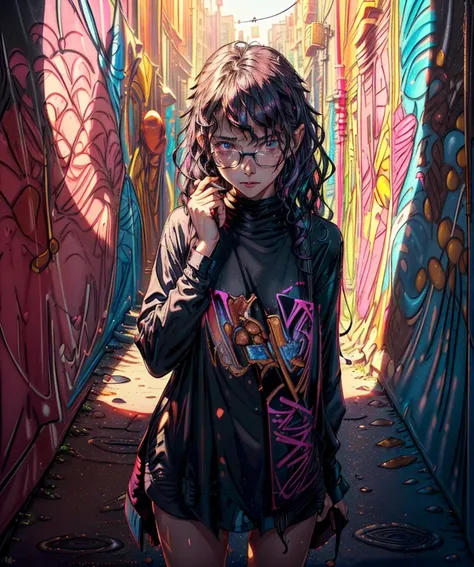 (photo of skinny petite 18yo girl:1.2), glasses, ((Pink) Nightgowns, (black wavy hair:1.4), 1girl, solo, (caring herself:1.1) , (background in a Urban Graffiti Alley with desserts and a dense mist:1.3), bokeh, RAW photo, high quality, 35mm photograph, film grain, bokeh, professional, 4k, highly detailed, prime lens, manual focus, polarizer filter, long exposure, color grading, depth of field, bracketing, manual settings, filters, composition rules, highly detailed cloth, perfect ligh filtering, high-resolution sensor, image stabilization, remote shutter release, lens quality, color depth, calibrated monitor, advanced post-processing, (film grain:1.2), (Bokeh effect:1.1). <lora:nsfw0.3.5:0.1> <lora:more_details:0.5> <lora:add_detail:0.3>