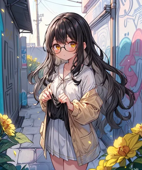 (photo of skinny wide hip 18yo girl:1.2), glasses, ((Beige) pijama, (black wavy hair:1.4), 1girl, solo, (skirt lift:1.1) , (background in a Urban Graffiti Alley with Mustard flowers and a island:1.3), bokeh, RAW photo, high quality, 35mm photograph, film grain, bokeh, professional, 4k, highly detailed, prime lens, manual focus, polarizer filter, long exposure, color grading, depth of field, bracketing, manual settings, filters, composition rules, highly detailed cloth, perfect ligh filtering, high-resolution sensor, image stabilization, remote shutter release, lens quality, color depth, calibrated monitor, advanced post-processing, (film grain:1.2), (Bokeh effect:1.3). <lora:nsfw0.3.5:0.5> <lora:more_details:0.7> <lora:add_detail:0.3>