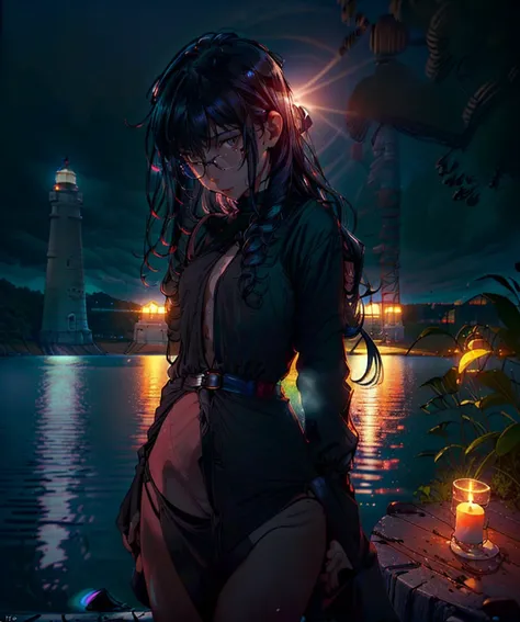 (photo of skinny petite 18yo girl:1.2), glasses, ((Lavender) corduroy long dress with long details, (black wavy hair:1.4), 1girl, solo, (skirt lift:1.1) , (background in a Majestic Lighthouse with candles and a pond:1.3), bokeh, RAW photo, high quality, 35mm photograph, film grain, bokeh, professional, 4k, highly detailed, prime lens, manual focus, polarizer filter, long exposure, color grading, depth of field, bracketing, manual settings, filters, composition rules, highly detailed cloth, perfect ligh filtering, high-resolution sensor, image stabilization, remote shutter release, lens quality, color depth, calibrated monitor, advanced post-processing, (film grain:1.2), (Bokeh effect:1.1). <lora:nsfw0.3.5:0.9> <lora:more_details:0.7> <lora:add_detail:0.1>