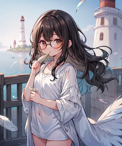 (photo of skinny wide hip 18yo girl:1.2), glasses, ((Brown) beachwear outfit, (black wavy hair:1.4), 1girl, solo, (wearing off the clothes:1.1) , (background in a Majestic Lighthouse  with feathers and a dense mist:1.3),  bokeh, RAW photo, high quality, 35mm photograph, film grain, bokeh, professional, 4k, highly detailed, prime lens, manual focus, polarizer filter, long exposure, color grading, depth of field, bracketing, manual settings, filters, composition rules, highly detailed cloth, perfect ligh filtering, high-resolution sensor, image stabilization, remote shutter release, lens quality, color depth, calibrated monitor, advanced post-processing, (film grain:1.2), (Bokeh effect:1.3). <lora:nsfw0.3.5:0.1> <lora:more_details:0.3> <lora:add_detail:0.1>