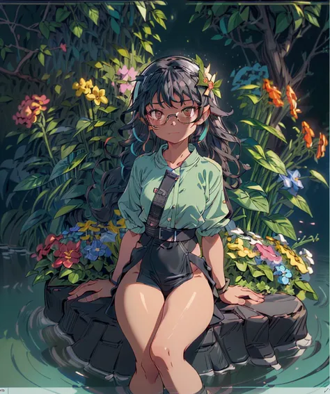 (photo of skinny wide hip 18yo girl:1.2), glasses, ((Caramel) chic outfit, (black wavy hair:1.4), 1girl, solo, (open legs:1.1) , (background in a Vibrant Flower Garden  with Mint flowers and a river:1.3),  bokeh, RAW photo, high quality, 35mm photograph, film grain, bokeh, professional, 4k, highly detailed, prime lens, manual focus, polarizer filter, long exposure, color grading, depth of field, bracketing, manual settings, filters, composition rules, highly detailed cloth, perfect ligh filtering, high-resolution sensor, image stabilization, remote shutter release, lens quality, color depth, calibrated monitor, advanced post-processing, (film grain:1.2), (Bokeh effect:1). <lora:nsfw0.3.5:0.9> <lora:more_details:0.3> <lora:add_detail:0.1>