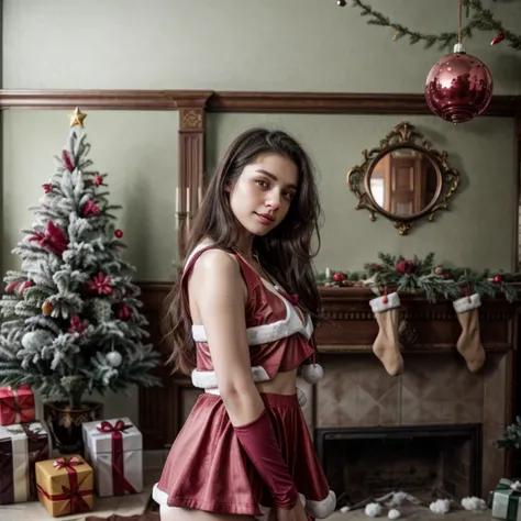 XmasScene, blur image, busty, (long hair), necklace, (sunny context), (girl wearing Magenta ripped preppy outfit:1.5), 1girl, selfie pose, (background with ornaments and one christmas trees:1.1), solo, bokeh, RAW photo, high quality, 35mm photograph, film grain, bokeh, professional, 4k, highly detailed, prime lens, manual focus, tripod, polarizer filter, long exposure, color grading, depth of field, bracketing, manual settings, filters, composition rules, high-resolution sensor, image stabilization, remote shutter release, lens quality, color depth, calibrated monitor, advanced post-processing. <lora:sexy_xmas_1:0.6> <lora:nsfw0.3.5:0.3> <lora:add_detail:0.3> <lora:more_details:0.6>