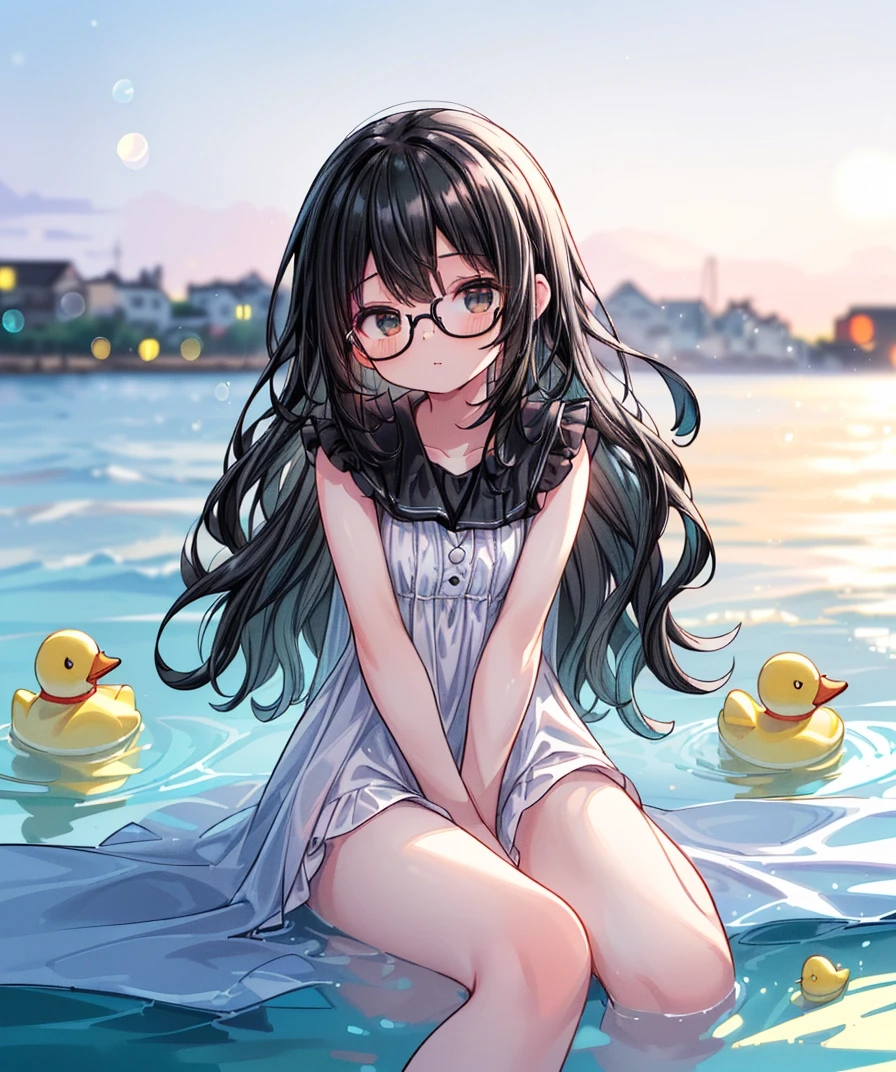 (photo of skinny wide hip 18yo girl:1.2), glasses, ((Aquamarine) urban outfit, (black wavy hair:1.4), 1girl, solo, (open legs:1.1) , (background in a Beach at Sunset with Black rubber ducks and a little town:1.3), bokeh, RAW photo, high quality, 35mm photograph, film grain, bokeh, professional, 4k, highly detailed, prime lens, manual focus, polarizer filter, long exposure, color grading, depth of field, bracketing, manual settings, filters, composition rules, highly detailed cloth, perfect ligh filtering, high-resolution sensor, image stabilization, remote shutter release, lens quality, color depth, calibrated monitor, advanced post-processing, (film grain:1.2), (Bokeh effect:1.3). <lora:nsfw0.3.5:0.9> <lora:more_details:0.5> <lora:add_detail:0.7>