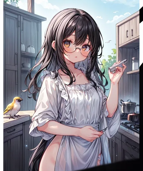 (photo of skinny wide hip 18yo girl:1.2), glasses, ((Caramel) Silk nightgowns, (black wavy hair:1.4), 1girl, solo, (showing the hips:1.1) , (background in a kitchen with big cute birds and a cloudy sky:1.3),  bokeh, RAW photo, high quality, 35mm photograph, film grain, bokeh, professional, 4k, highly detailed, prime lens, manual focus, polarizer filter, long exposure, color grading, depth of field, bracketing, manual settings, filters, composition rules, highly detailed cloth, perfect ligh filtering, high-resolution sensor, image stabilization, remote shutter release, lens quality, color depth, calibrated monitor, advanced post-processing, (film grain:1.2), (Bokeh effect:1). <lora:nsfw0.3.5:0.5> <lora:more_details:0.6> <lora:add_detail:0.5>