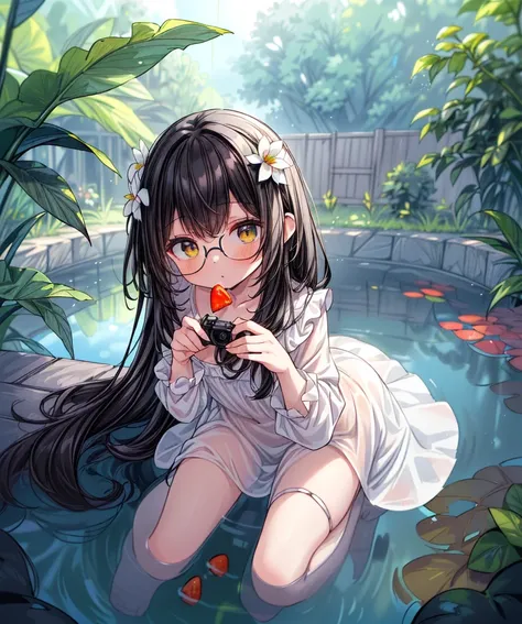 (photo of skinny wide hip 18yo girl:1.2), glasses, ((Ruby) Slips, (black wavy hair:1.4), 1girl, solo, (laying down:1.1) , (background in a kids playground with candies and a pond:1.3),  bokeh, RAW photo, high quality, 35mm photograph, film grain, bokeh, professional, 4k, highly detailed, prime lens, manual focus, polarizer filter, long exposure, color grading, depth of field, bracketing, manual settings, filters, composition rules, highly detailed cloth, perfect ligh filtering, high-resolution sensor, image stabilization, remote shutter release, lens quality, color depth, calibrated monitor, advanced post-processing, (film grain:1.2), (Bokeh effect:1.3). <lora:nsfw0.3.5:0.9> <lora:more_details:0.7> <lora:add_detail:0.3>