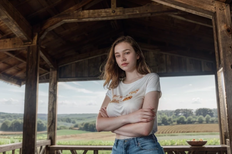 photo of 20yo nsfw girl, (pale skin:1.25) , 1girl, (Crossed arm pose rising the breast:1.3), (Indigo gingham Bermuda shorts, Tangerine satin T-Shirt:1.15),( at farmhouse in the countryside, rustic, tranquil, and surrounded by fields:1.3), RAW photo, high quality, 35mm photograph, film grain, bokeh, professional, 4k, highly detailed, prime lens, manual focus, tripod, polarizer filter, long exposure, high dynamic range (hdr), color grading, depth of field, bracketing, manual settings, filters, composition rules, high-resolution sensor, image stabilization, remote shutter release, lens quality, color depth, calibrated monitor, advanced post-processing, <lora:nsfw0.2.5_kinda_sfw:1> <lora:epiCRealismHelper:0.4> <lora:epiCRealLife:0.4> <lora:more_details:0.5> <lora:epi_noiseoffset2:1>