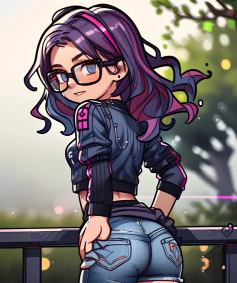 (photo of skinny petite 18yo girl:1.2), glasses, ((Magenta) denim sport outfit, (black wavy hair:1.4), 1girl, solo, (butt lifting:1.1) , (background in a park with neon lights and a dense mist:1.3), bokeh, RAW photo, high quality, 35mm photograph, film grain, bokeh, professional, 4k, highly detailed, prime lens, manual focus, polarizer filter, long exposure, color grading, depth of field, bracketing, manual settings, filters, composition rules, highly detailed cloth, perfect ligh filtering, high-resolution sensor, image stabilization, remote shutter release, lens quality, color depth, calibrated monitor, advanced post-processing, (film grain:1.2), (Bokeh effect:1.3). <lora:nsfw0.3.5:0.3> <lora:more_details:0.3> <lora:add_detail:0.7>
