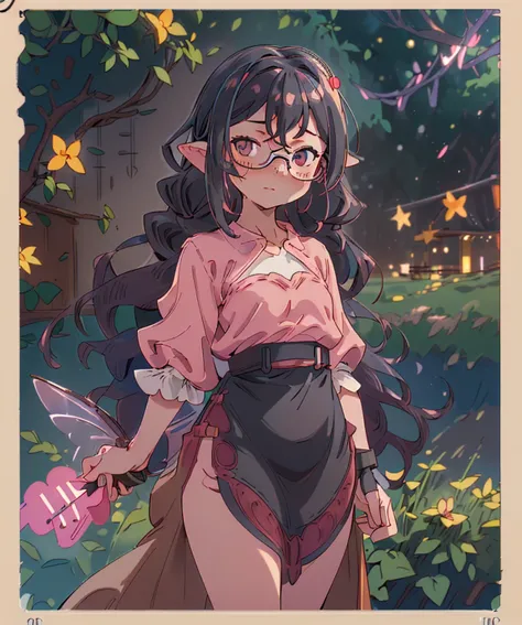 (photo of skinny wide hip 18yo girl:1.2), glasses, ((Pink) silk long dress with techno details, (black wavy hair:1.4), 1girl, solo, (open legs:1.1) , (background in a Rustic Barnyard with shining fairies and a little town:1.3),  bokeh, RAW photo, high quality, 35mm photograph, film grain, bokeh, professional, 4k, highly detailed, prime lens, manual focus, polarizer filter, long exposure, color grading, depth of field, bracketing, manual settings, filters, composition rules, highly detailed cloth, perfect ligh filtering, high-resolution sensor, image stabilization, remote shutter release, lens quality, color depth, calibrated monitor, advanced post-processing, (film grain:1.2), (Bokeh effect:1.3). <lora:nsfw0.3.5:0.7> <lora:more_details:0.7> <lora:add_detail:0.3>