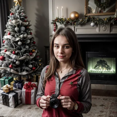 XmasScene, blur image, busty, (long hair), necklace, (sunny context), (girl wearing Charcoal ripped preppy outfit:1.5), 1girl, selfie pose, (background with ornaments and one christmas trees:1.1), solo, bokeh, RAW photo, high quality, 35mm photograph, film grain, bokeh, professional, 4k, highly detailed, prime lens, manual focus, tripod, polarizer filter, long exposure, color grading, depth of field, bracketing, manual settings, filters, composition rules, high-resolution sensor, image stabilization, remote shutter release, lens quality, color depth, calibrated monitor, advanced post-processing. <lora:sexy_xmas_1:0.3> <lora:nsfw0.3.5:0.3> <lora:add_detail:0.3> <lora:more_details:0.6>