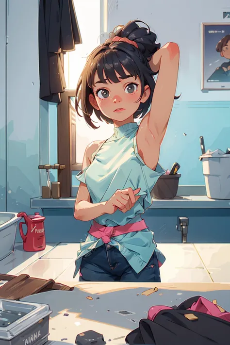 CR1.3, nsfw , photo of 21 years old mid-breasted girl, medium skin , Petite body Top knot haircut, 1girl, (Arms above head pose showing the back:1.2), (Slate ripped Denim skirt, Beige blurred Cold-Shoulder Top:1.2), (at laundry day at the laundromat, cleaning clothes, humming machines, laundry chores:1.3) , RAW photo, high quality, 35mm photograph, film grain, bokeh, professional, 4k, highly detailed, golden hour, prime lens, manual focus, tripod, polarizer filter, long exposure, high dynamic range (hdr), color grading, depth of field, bracketing, manual settings, filters, composition rules, high-resolution sensor, image stabilization, remote shutter release, lens quality, color depth, calibrated monitor, advanced post-processing <lora:nsfw0.3:0.75> <lora:epiCRealismHelper:0.15> <lora:epiCRealLife:0.3> <lora:more_details:0.5>