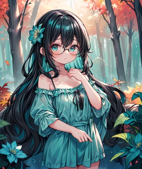 (photo of skinny wide hip 18yo girl:1.2), glasses, ((Cyan) Chemise, (black wavy hair:1.4), 1girl, solo, (showing the hips:1.1) , (background in a Autumn Forest with Teal flowers and a dense mist:1.3), bokeh, RAW photo, high quality, 35mm photograph, film grain, bokeh, professional, 4k, highly detailed, prime lens, manual focus, polarizer filter, long exposure, color grading, depth of field, bracketing, manual settings, filters, composition rules, highly detailed cloth, perfect ligh filtering, high-resolution sensor, image stabilization, remote shutter release, lens quality, color depth, calibrated monitor, advanced post-processing, (film grain:1.2), (Bokeh effect:1.1). <lora:nsfw0.3.5:0.5> <lora:more_details:0.3> <lora:add_detail:0.3>