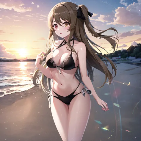 high quality, best quality, masterpiece, absurdres, kuo shenlin, bikini, 1girl, <lora:shenlin:0.75>, beach, sunset