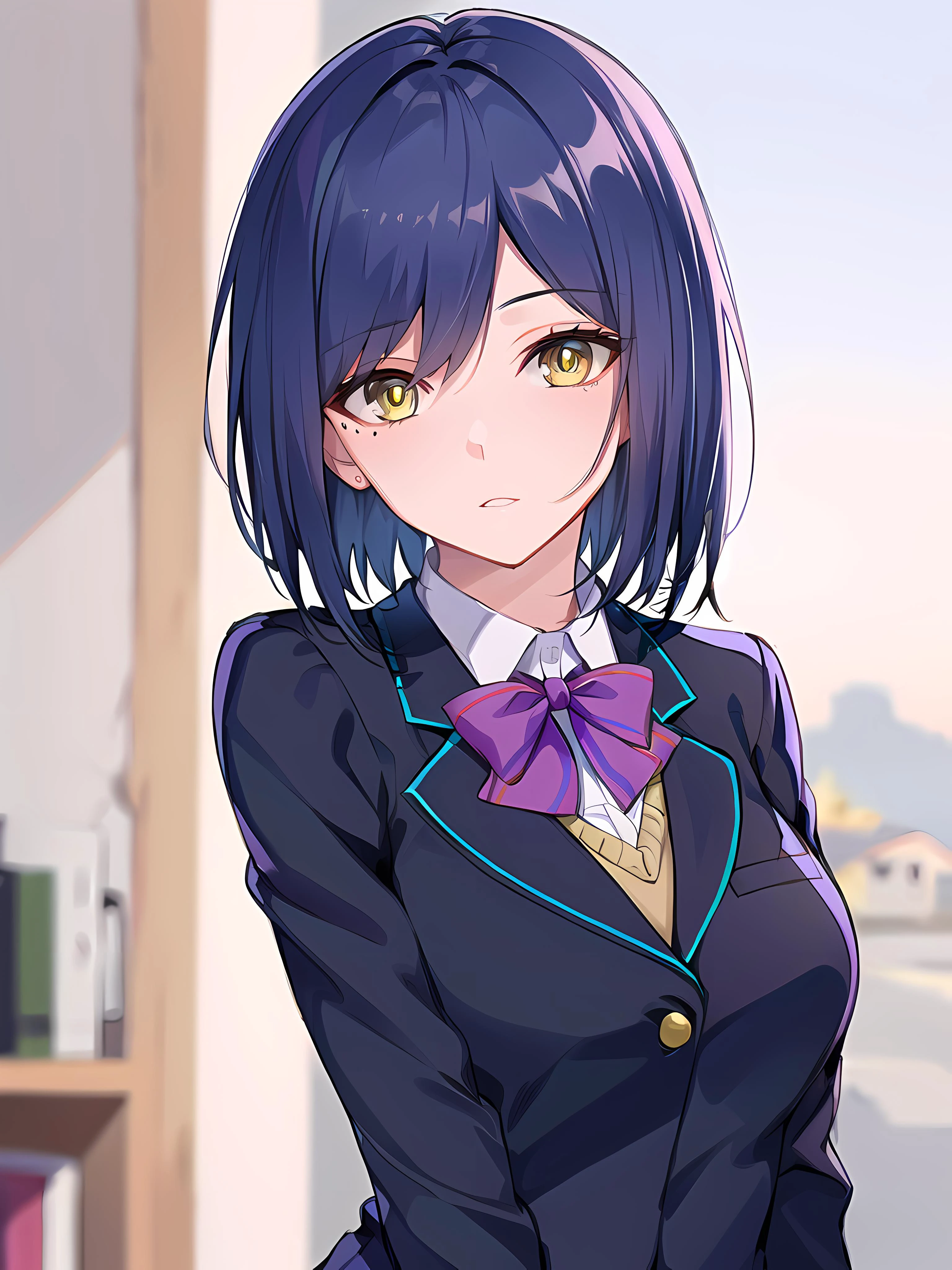 modelshoot style, (masterpiece:1.3), (absurdres:1.3), (best quality:1.3), (8K), (large masterpiece digital art), (detailed manga illustration), (handled hair), pureerosface_v1, perfect anatomy, (sharp eyeliner, eyeshadow, detailed eyes:1.1), (intricate details:1.3), (ultra-detailed:1.3), (illustration:1.3), (sharp focus:1.3), (natural lighting:1.05), (vivid colors:1.3), BREAK <lora:shizukaRinNijisanji_v1:0.7>, shizurin, 1girl, shizuka rin, solo, school uniform, yellow eyes, pleated skirt, purple bow, short hair, blazer, blue hair, purple pantyhose, long sleeves, mole under eye, bangs, bowtie, white shirt, black jacket, purple bowtie, collared shirt, black skirt, sweater, blue jacket, miniskirt, portrait,