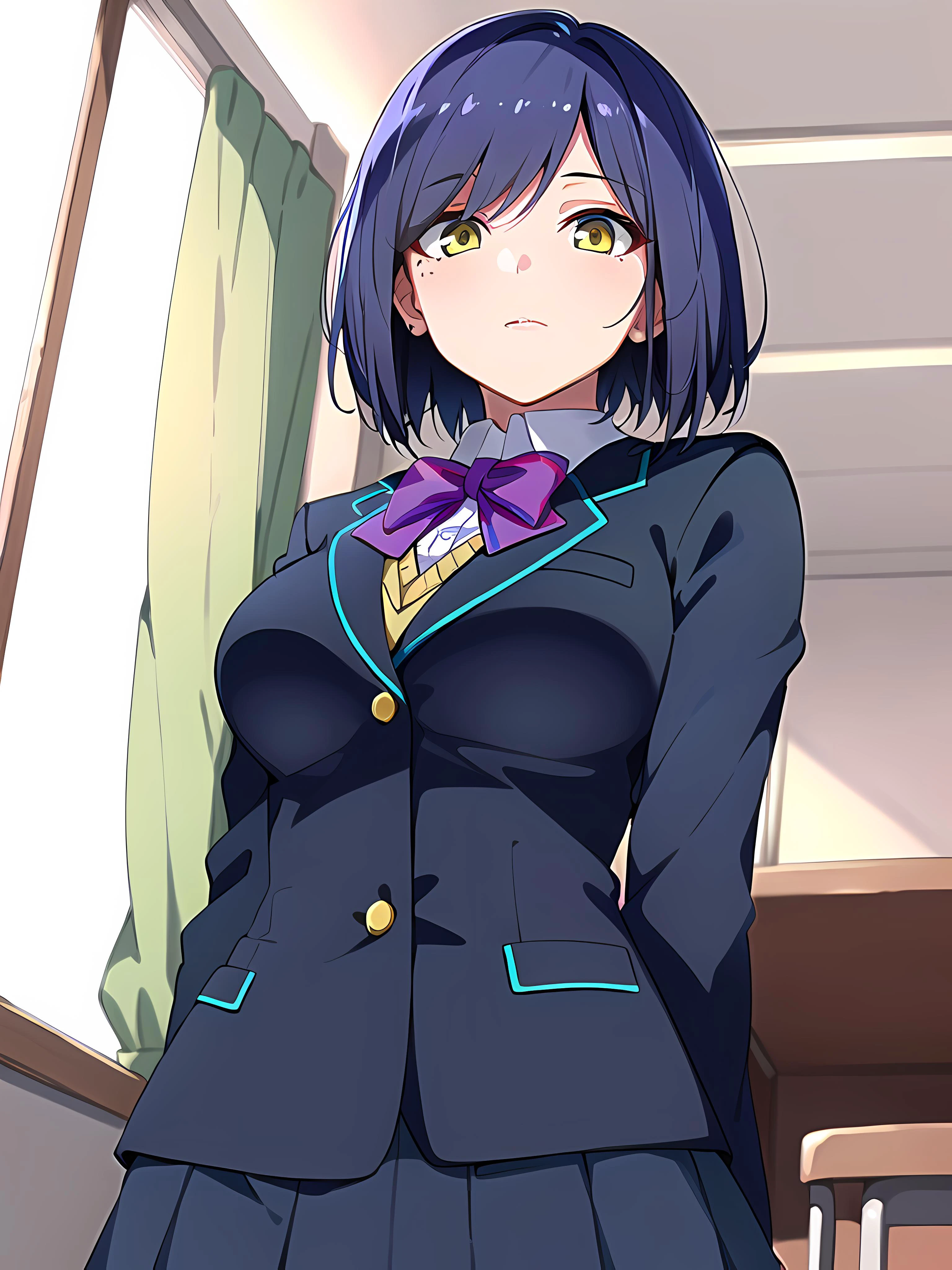 modelshoot style, (masterpiece:1.3), (absurdres:1.3), (best quality:1.3), (8K), (large masterpiece digital art), (detailed manga illustration), (handled hair), pureerosface_v1, perfect anatomy, (sharp eyeliner, eyeshadow, detailed eyes:1.1), (intricate details:1.3), (ultra-detailed:1.3), (illustration:1.3), (sharp focus:1.3), (natural lighting:1.05), (vivid colors:1.3), BREAK <lora:shizukaRinNijisanji_v1:0.7>, shizurin, 1girl, shizuka rin, solo, large breasts, school uniform, lips, yellow eyes, pleated skirt, purple bow, short hair, blazer, blue hair, purple pantyhose, long sleeves, mole under eye, bangs, bowtie, white shirt, black jacket, purple bowtie, collared shirt, black skirt, sweater, blue jacket, miniskirt, expressionless, closed mouth, upper body, close-up, pov, from below, BREAK indoors, classroom, window, sunlight, wooden floor,