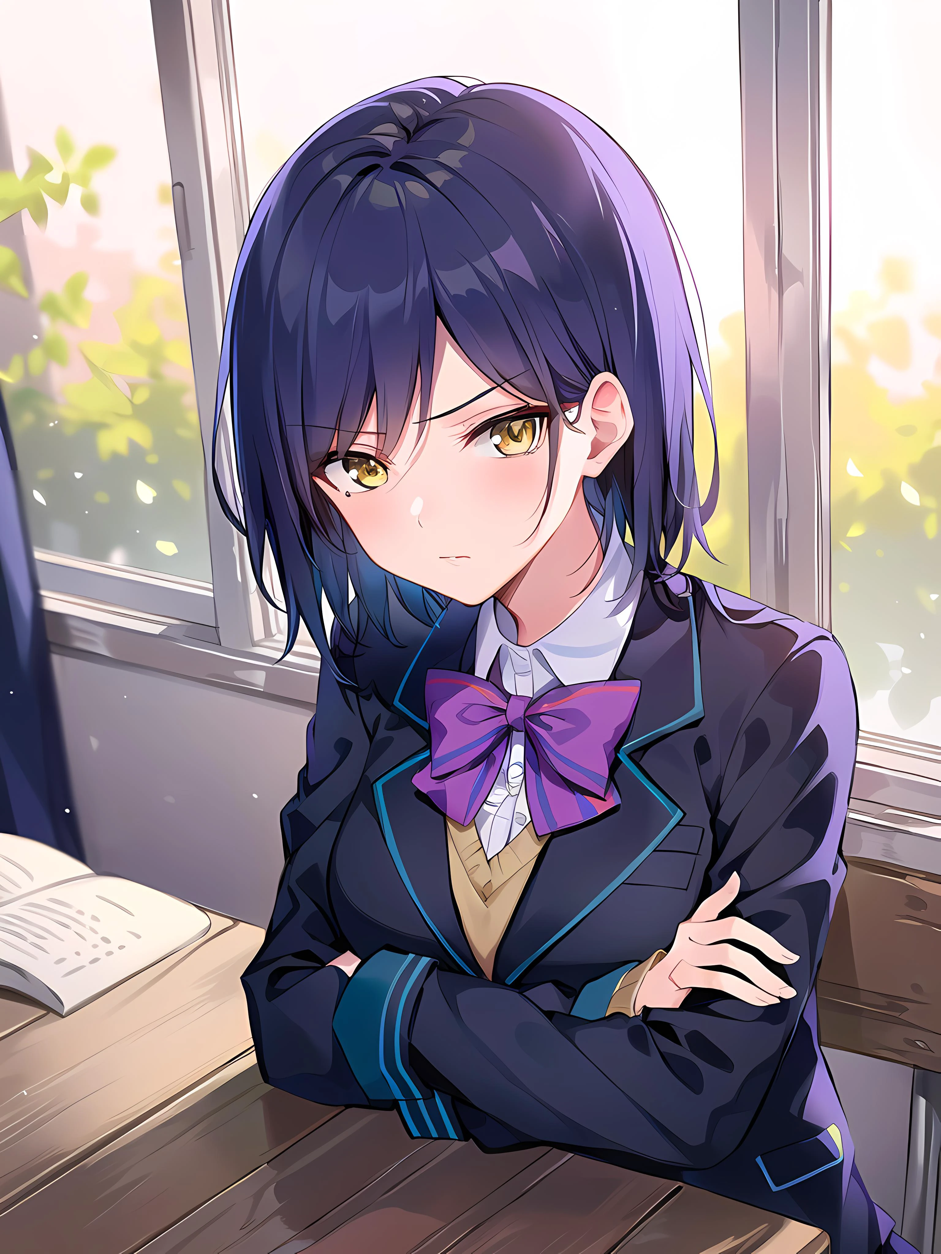 modelshoot style, (masterpiece:1.3), (absurdres:1.3), (best quality:1.3), (8K), (large masterpiece digital art), (detailed manga illustration), (handled hair), pureerosface_v1, perfect anatomy, (sharp eyeliner, eyeshadow, detailed eyes:1.1), (intricate details:1.3), (ultra-detailed:1.3), (illustration:1.3), (sharp focus:1.3), (natural lighting:1.05), (vivid colors:1.3), BREAK <lora:shizukaRinNijisanji_v1:0.6>, shizurin, 1girl, shizuka rin, solo, large breasts, school uniform, lips, yellow eyes, pleated skirt, purple bow, short hair, blazer, blue hair, (purple pantyhose), long sleeves, mole under eye, bangs, bowtie, white shirt, black jacket, purple bowtie, collared shirt, black skirt, sweater, blue jacket, miniskirt, (scowl:1.2), closed mouth, full body, crossed legs, crossed arms, sitting, pov, close-up, BREAK indoors, classroom, window, sunlight, wooden floor,