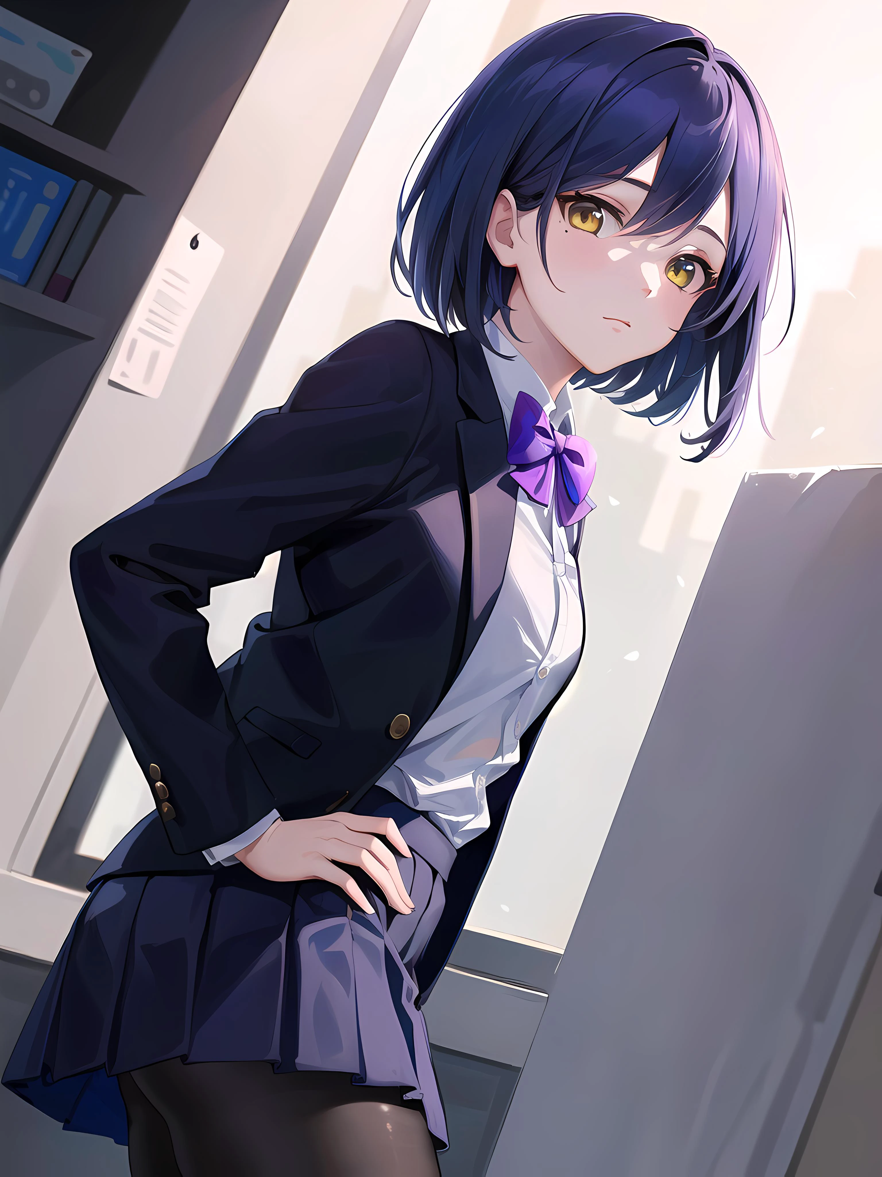 (masterpiece:1.3), (absurdres:1.3), (best quality:1.3), (8K), (large masterpiece digital art), (detailed manga illustration), (handled hair), pureerosface_v1, perfect anatomy, (sharp eyeliner, eyeshadow, detailed eyes:1.1), (intricate details:1.3), (ultra-detailed:1.3), (illustration:1.3), (sharp focus:1.3), (natural lighting:1.05), (vivid colors:1.3), BREAK <lora:shizukaRinNijisanji_v1:0.4>, shizurin, 1girl, shizuka rin, solo, closed mouth, from below, from side, looking at viewer, open jacket, open shirt, partially unbuttoned, bottomless, school uniform, yellow eyes, pleated skirt, purple bow, short hair, blazer, blue hair, purple pantyhose, long sleeves, mole under eye, bangs, bowtie, white shirt, black jacket, purple bowtie, collared shirt, black skirt, sweater, blue jacket, miniskirt,