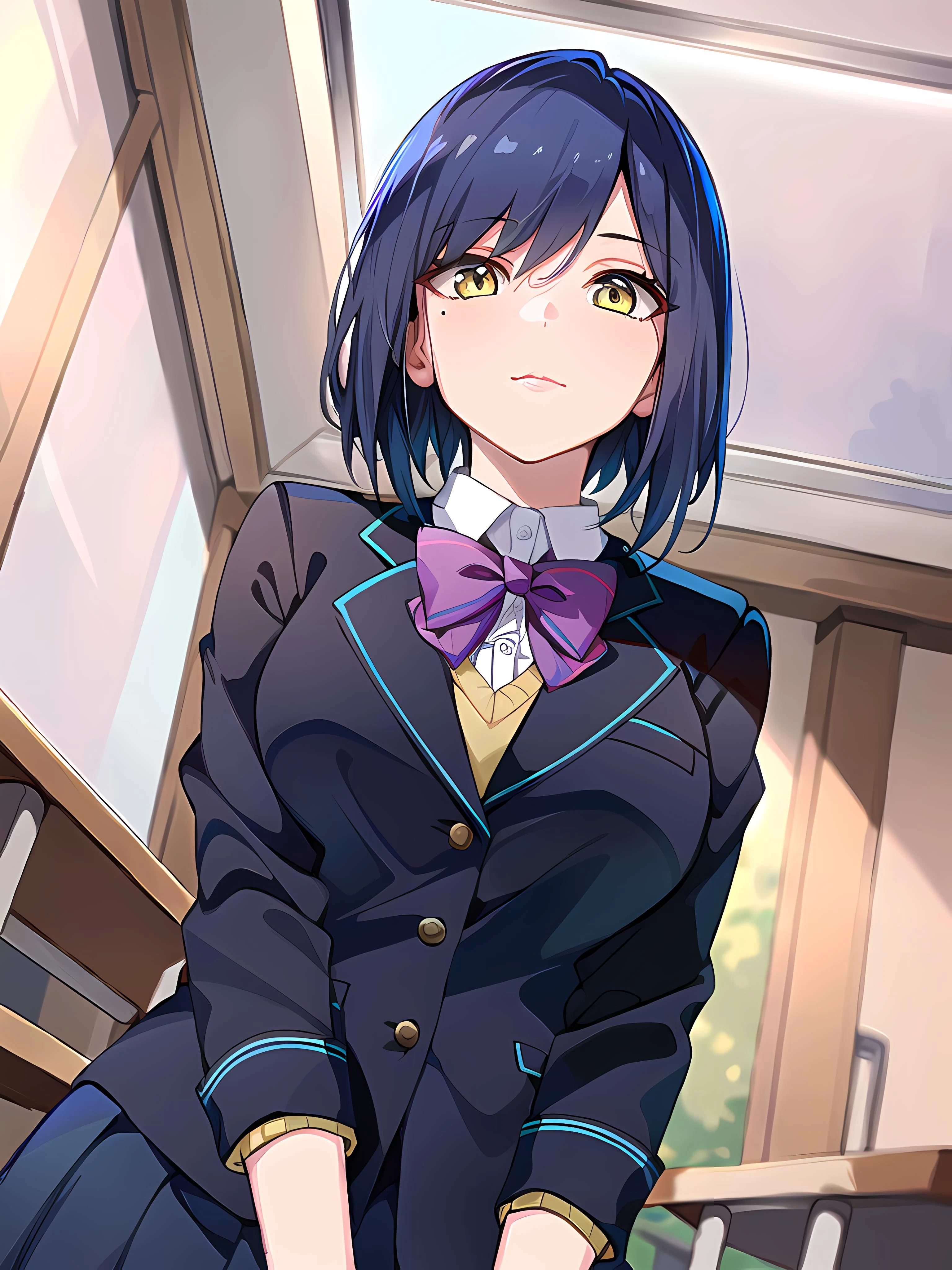 modelshoot style, (masterpiece:1.3), (absurdres:1.3), (best quality:1.3), (8K), (large masterpiece digital art), (detailed manga illustration), (handled hair), pureerosface_v1, perfect anatomy, (sharp eyeliner, eyeshadow, detailed eyes:1.1), (intricate details:1.3), (ultra-detailed:1.3), (illustration:1.3), (sharp focus:1.3), (natural lighting:1.05), (vivid colors:1.3), BREAK <lora:shizukaRinNijisanji_v1:0.7>, shizurin, 1girl, shizuka rin, solo, large breasts, school uniform, lips, yellow eyes, pleated skirt, purple bow, short hair, blazer, blue hair, purple pantyhose, long sleeves, mole under eye, bangs, bowtie, white shirt, black jacket, purple bowtie, collared shirt, black skirt, sweater, blue jacket, miniskirt, expressionless, closed mouth, upper body, close-up, pov, from below, portrait, BREAK indoors, classroom, window, sunlight, wooden floor,