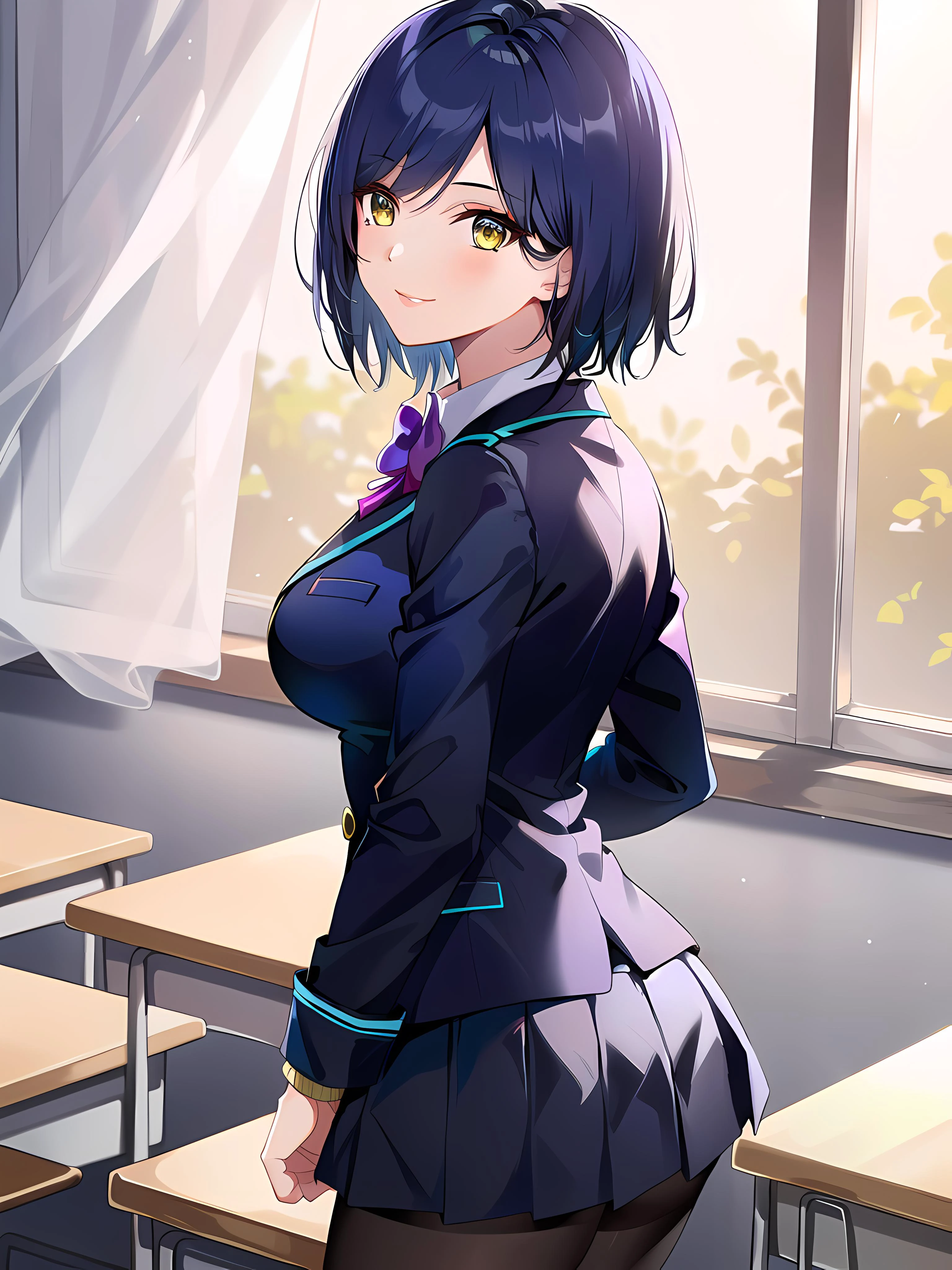 modelshoot style, (masterpiece:1.3), (absurdres:1.3), (best quality:1.3), (8K), (large masterpiece digital art), (detailed manga illustration), (handled hair), pureerosface_v1, perfect anatomy, (sharp eyeliner, eyeshadow, detailed eyes:1.1), (intricate details:1.3), (ultra-detailed:1.3), (illustration:1.3), (sharp focus:1.3), (natural lighting:1.05), (vivid colors:1.3), BREAK <lora:shizukaRinNijisanji_v1:0.7>, shizurin, 1girl, shizuka rin, solo, large breasts, school uniform, lips, yellow eyes, pleated skirt, purple bow, short hair, blazer, blue hair, purple pantyhose, long sleeves, mole under eye, bangs, bowtie, white shirt, black jacket, purple bowtie, collared shirt, black skirt, sweater, blue jacket, miniskirt, light smile, closed mouth, from behind, BREAK indoors, classroom, window, sunlight, wooden floor,