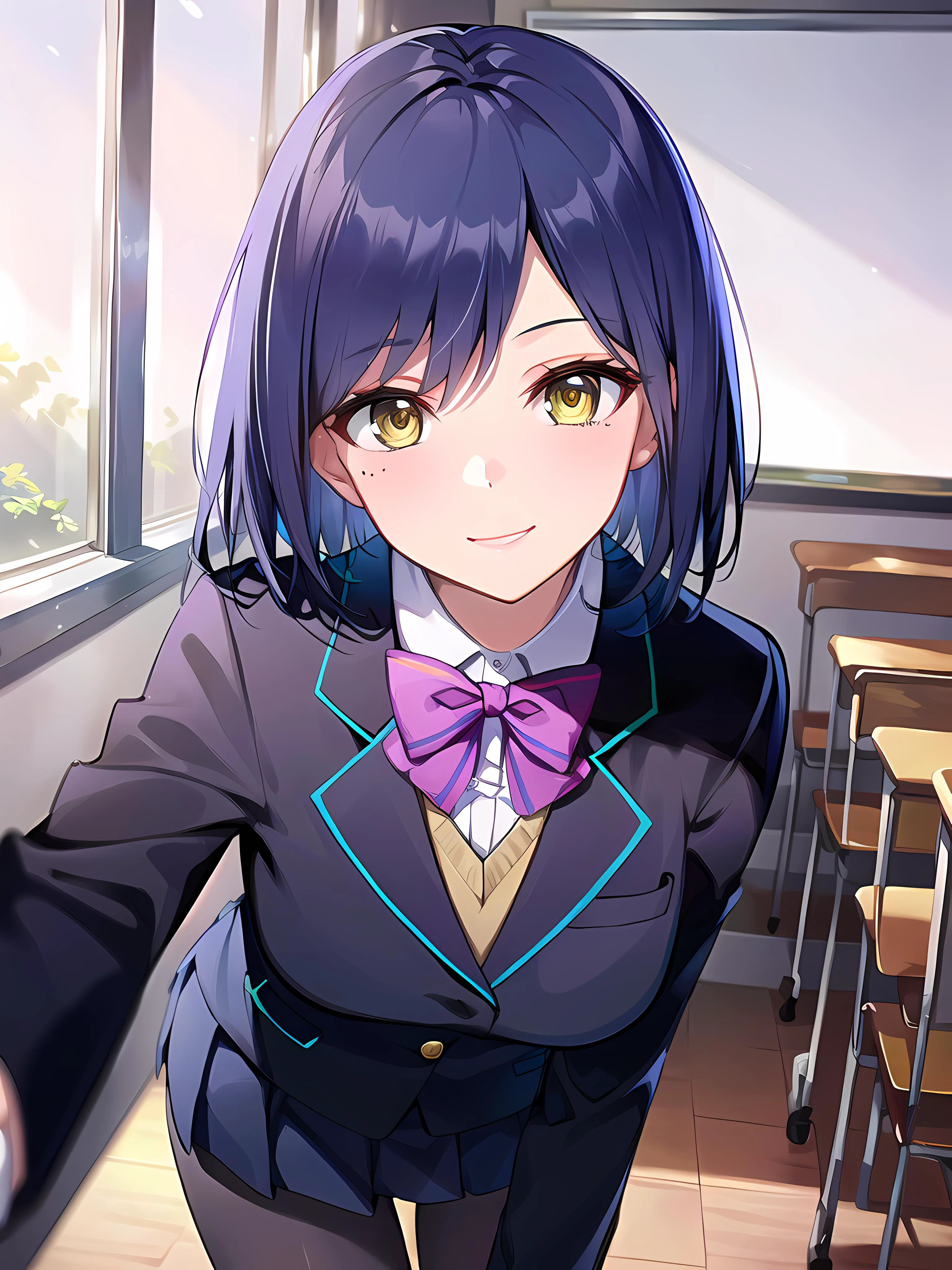 modelshoot style, (masterpiece:1.3), (absurdres:1.3), (best quality:1.3), (8K), (large masterpiece digital art), (detailed manga illustration), (handled hair), pureerosface_v1, perfect anatomy, (sharp eyeliner, eyeshadow, detailed eyes:1.1), (intricate details:1.3), (ultra-detailed:1.3), (illustration:1.3), (sharp focus:1.3), (natural lighting:1.05), (vivid colors:1.3), BREAK <lora:shizukaRinNijisanji_v1:0.7>, shizurin, 1girl, shizuka rin, solo, large breasts, school uniform, lips, yellow eyes, pleated skirt, purple bow, short hair, blazer, blue hair, purple pantyhose, long sleeves, mole under eye, bangs, bowtie, white shirt, black jacket, purple bowtie, collared shirt, black skirt, sweater, blue jacket, miniskirt, upper body, portrait, facing viewer, close-up, pov, leaning forward, light smile, closed mouth, BREAK indoors, classroom, window, sunlight, wooden floor,