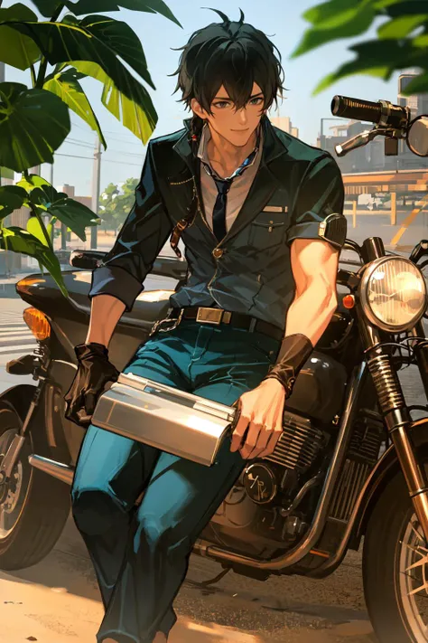 masterpiece, best quality, extremely detailed, detailed background, detailed face, 1boy, male focus, gloves, solo, pants, long hair, shirt, black hair, ground vehicle, jacket, smile, black shirt, belt, motor vehicle, motorcycle, ponytail, necktie, black gloves, feet out of frame, sleeves rolled up, plant, blue necktie, open clothes, blue pants, hair between eyes, closed mouth