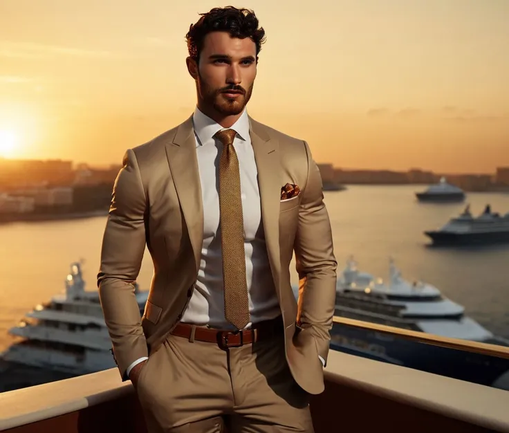 Nautical-themed (Photo:1.3) of (Ultrarealistic:1.3) <lora:Man_Men_FFashion:1> Darren Criss a man <lora:Michael-Yerger_Darren-Criss:0.9> in a tan suit standing on a balcony, sun behind him, inspired by Pablo Munoz Gomez, shot at golden hour, editorial photograph, midshot of a hunky, by Roman Bezpalkiv, by Artur Tarnowski, maxim sukharev, by Gabor Szikszai,Highly Detailed,(Mono Color:1.3) . Sea, ocean, ships, maritime, beach, marine life, highly detailed