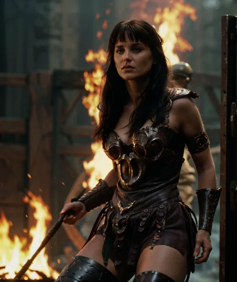 cinematic film still <lora:quiron_Xena_v1240_Lora:0.87> xenaquiron, xenawarrior, 1girl, long hair, black hair, solo, blue eyes, realistic, , at Apsaras's dungeon, warrior pose, fog, explotion, fire, lighting, . shallow depth of field, vignette, highly detailed, high budget Hollywood , bokeh, cinemascope, moody, epic, gorgeous, film grain, grainy