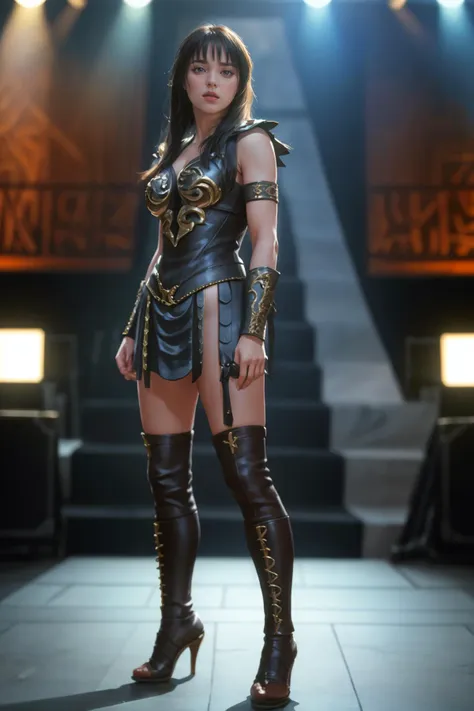 8k,highres,absurdres,masterpiece,best quality,original,extremely detailed CG,extremely detailed wallpaper,perfect lighting,<lyco:GoodHands-beta2:1>,
1girl,solo,blurry_background,looking_at_viewer,standing on the stage,
<lora:quiron_Xena_v1240_Lora:0.6>,xenaquiron,xenawarrior,