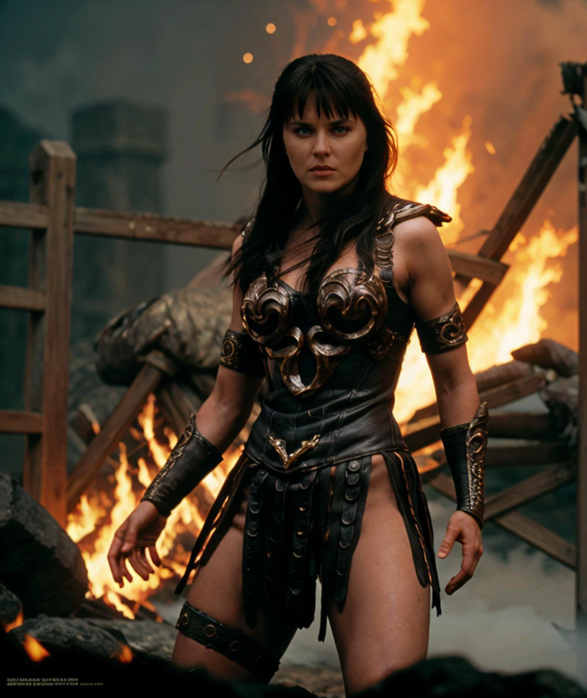 cinematic photo <lora:quiron_Xena_v1240_Lora:0.87> xenaquiron, xenawarrior, 1girl, long hair, black hair, solo, armor, blue eyes, realistic, armlet, warrior pose, fog, explotion, fire, lighting, . 35mm photograph, film, bokeh, professional, 4k, highly detailed