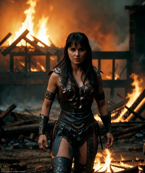 cinematic photo <lora:quiron_Xena_v1240_Lora:0.87> xenaquiron, xenawarrior, 1girl, long hair, black hair, solo, blue eyes, realistic, , at Wendigo's dungeon, warrior pose, fog, explotion, fire, lighting, . 35mm photograph, film, bokeh, professional, 4k, highly detailed