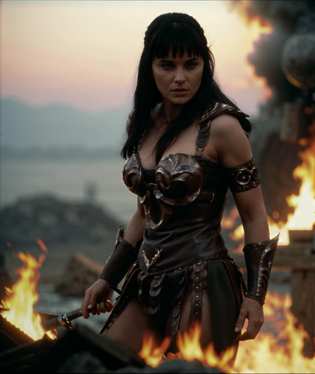cinematic film still <lora:quiron_Xena_v1240_Lora:0.87> xenaquiron, xenawarrior, 1girl, long hair, black hair, solo, blue eyes, realistic, armor , at Manananggal's dungeon, warrior pose, fog, explotion, fire, lighting, . shallow depth of field, vignette, highly detailed, high budget Hollywood movie, bokeh, cinemascope, moody, epic, gorgeous, film grain, grainy
