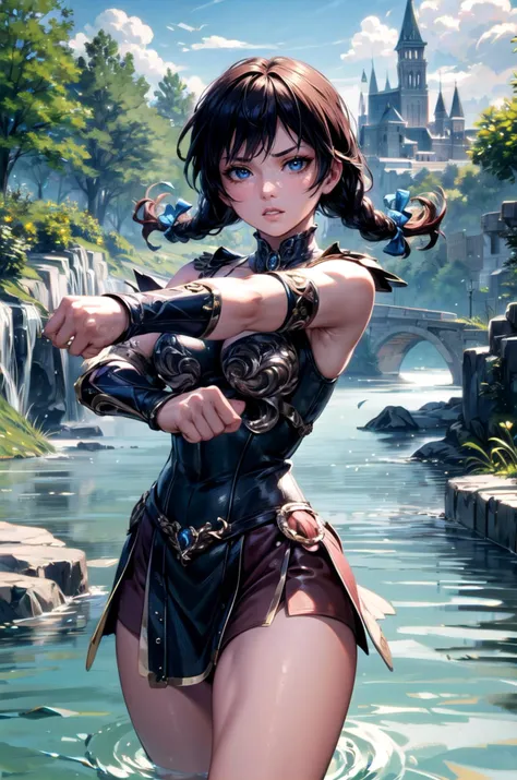 (masterpiece, best quality, detailed), 1girl, solo, looking at viewer, <lora:fastfood_wendys:0.95>, ffwendys, twin braids, hair bow, <lora:quiron_Xena_v1240_Lora:0.8>, xenaquiron, xenawarrior, armlet, armor, outdoors, fantasy, wind, fighting stance, (fists), cowboy shot, outstreched arm, castle, nature, landscape, dark clouds, water, bridge, river, bird, serious, v-shaped eyebrows, parted lips