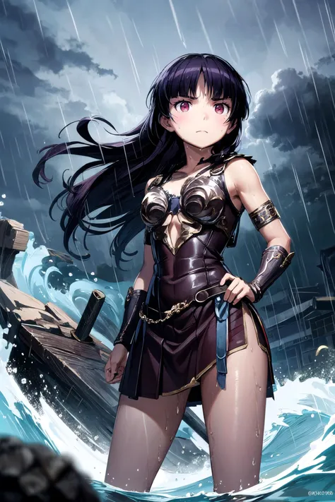 (masterpiece, best quality, detailed), 1girl, solo, looking at viewer, <lora:ruri-oreimo:0.8>, ruri gokou, <lora:quiron_Xena_v1240_Lora:0.8>, xenaquiron, xenawarrior, armlet, armor, outdoors, storm, ((rain)), cloudy sky, dark clouds, night, dark, sky, lightning, wind, contrapposto, legs apart, red eyes, (waves), wet clothes, wet, wet hair, hand on own hip, arm at side, wet skirt, serious, closed mouth